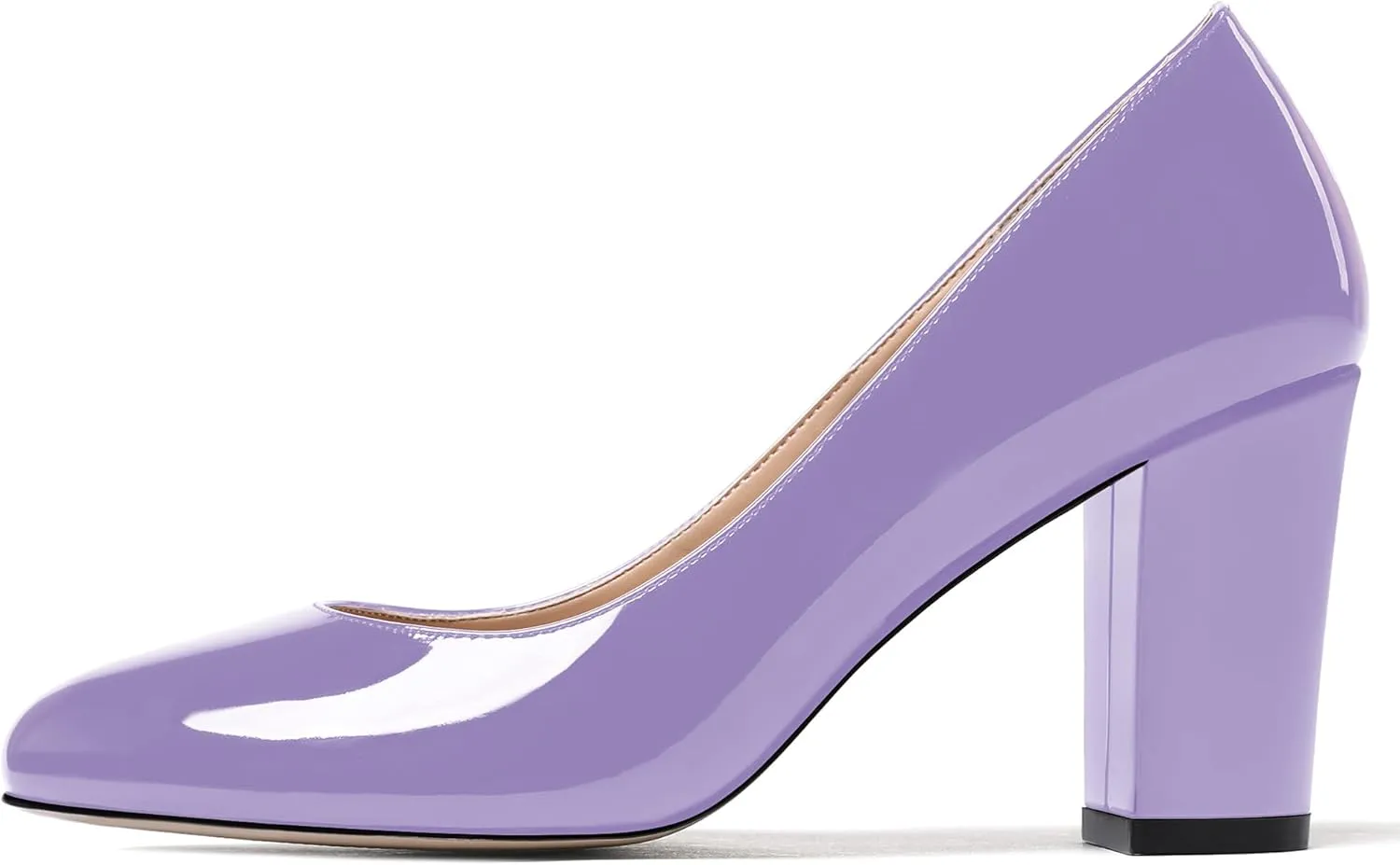 WAYDERNS Women's Slip On Solid Thick Round Toe Patent Block High Heel Pumps Shoes 3 Inch
