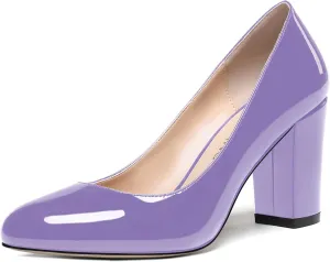WAYDERNS Women's Slip On Solid Thick Round Toe Patent Block High Heel Pumps Shoes 3 Inch