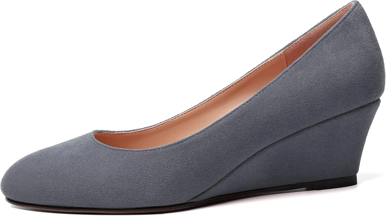 WAYDERNS Womens Solid Round Toe Dating Suede Casual Slip On Wedge Low Heel Pumps Shoes 2 Inch