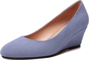 WAYDERNS Womens Solid Round Toe Dating Suede Casual Slip On Wedge Low Heel Pumps Shoes 2 Inch
