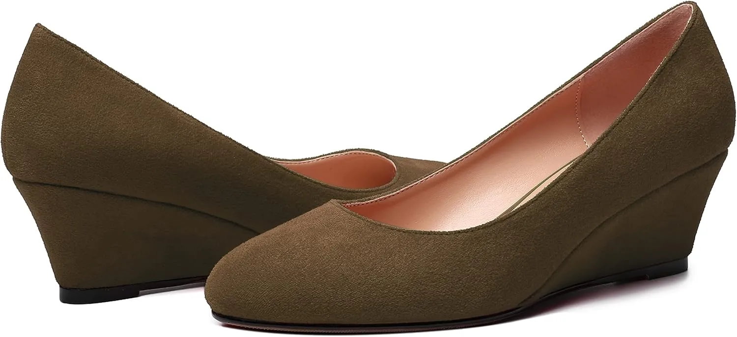 WAYDERNS Womens Solid Round Toe Dating Suede Casual Slip On Wedge Low Heel Pumps Shoes 2 Inch