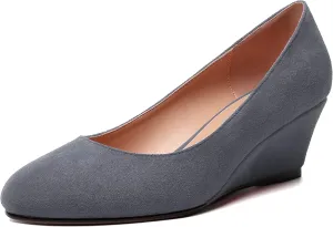 WAYDERNS Womens Solid Round Toe Dating Suede Casual Slip On Wedge Low Heel Pumps Shoes 2 Inch