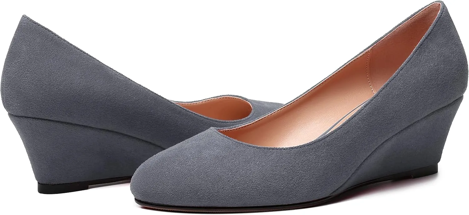 WAYDERNS Womens Solid Round Toe Dating Suede Casual Slip On Wedge Low Heel Pumps Shoes 2 Inch