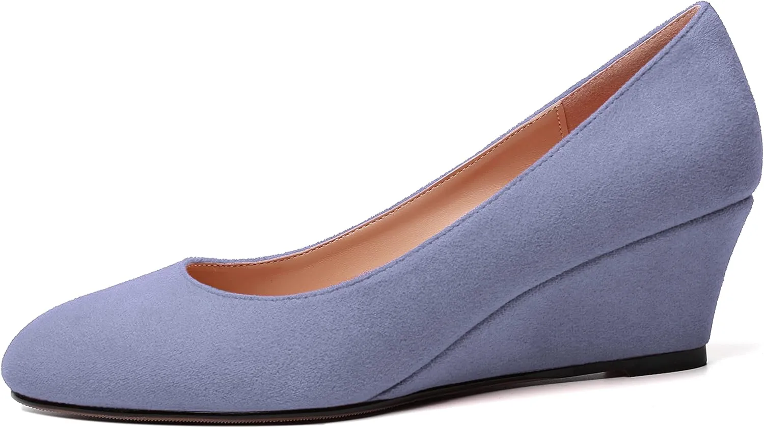 WAYDERNS Womens Solid Round Toe Dating Suede Casual Slip On Wedge Low Heel Pumps Shoes 2 Inch