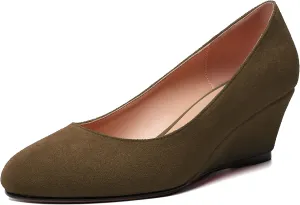 WAYDERNS Womens Solid Round Toe Dating Suede Casual Slip On Wedge Low Heel Pumps Shoes 2 Inch