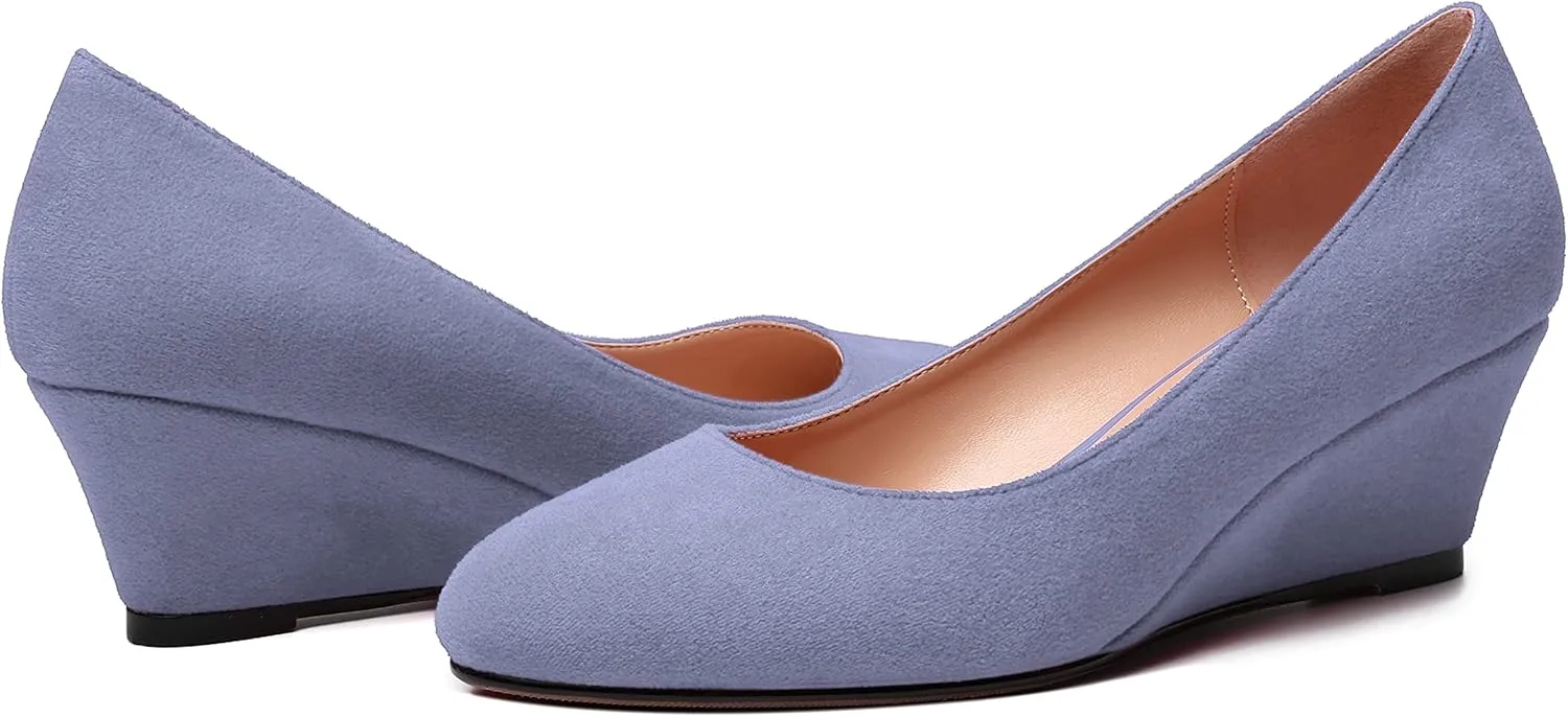 WAYDERNS Womens Solid Round Toe Dating Suede Casual Slip On Wedge Low Heel Pumps Shoes 2 Inch