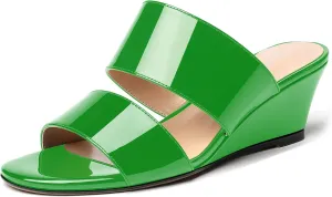 WAYDERNS Women's Two Piece Patent Open Toe Slip On Wedge Low Heel Wedges Sandals 2 Inch