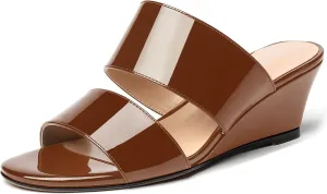 WAYDERNS Women's Two Piece Patent Open Toe Slip On Wedge Low Heel Wedges Sandals 2 Inch