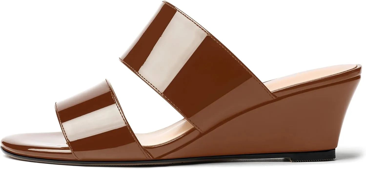 WAYDERNS Women's Two Piece Patent Open Toe Slip On Wedge Low Heel Wedges Sandals 2 Inch