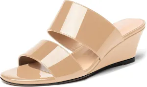 WAYDERNS Women's Two Piece Patent Open Toe Slip On Wedge Low Heel Wedges Sandals 2 Inch