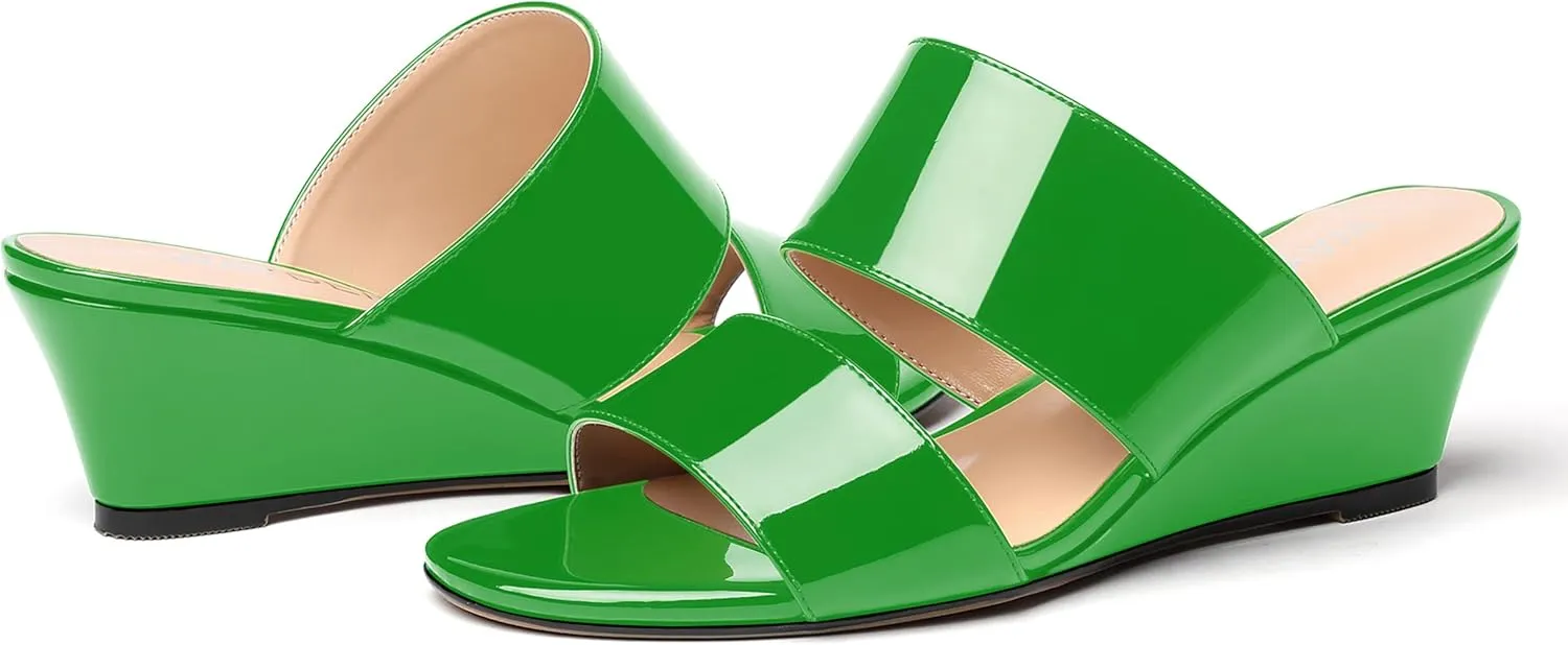 WAYDERNS Women's Two Piece Patent Open Toe Slip On Wedge Low Heel Wedges Sandals 2 Inch