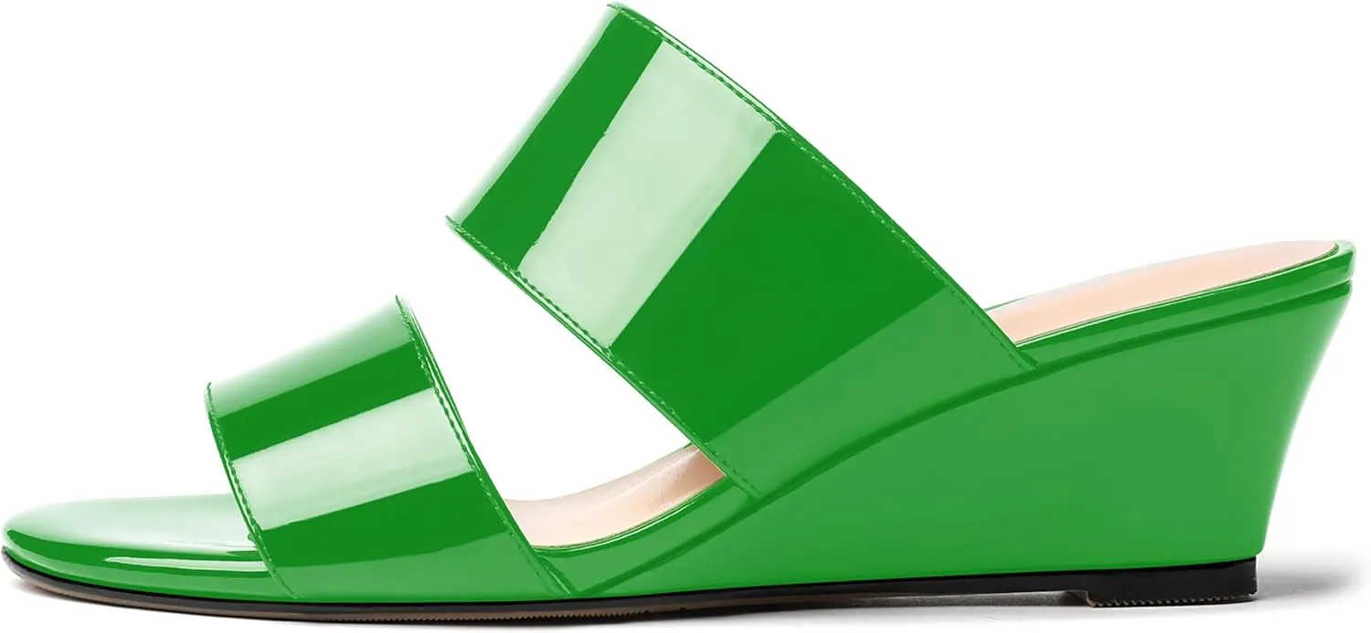 WAYDERNS Women's Two Piece Patent Open Toe Slip On Wedge Low Heel Wedges Sandals 2 Inch