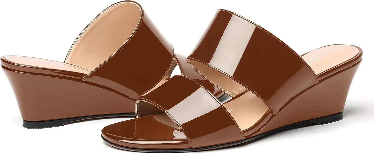 WAYDERNS Women's Two Piece Patent Open Toe Slip On Wedge Low Heel Wedges Sandals 2 Inch