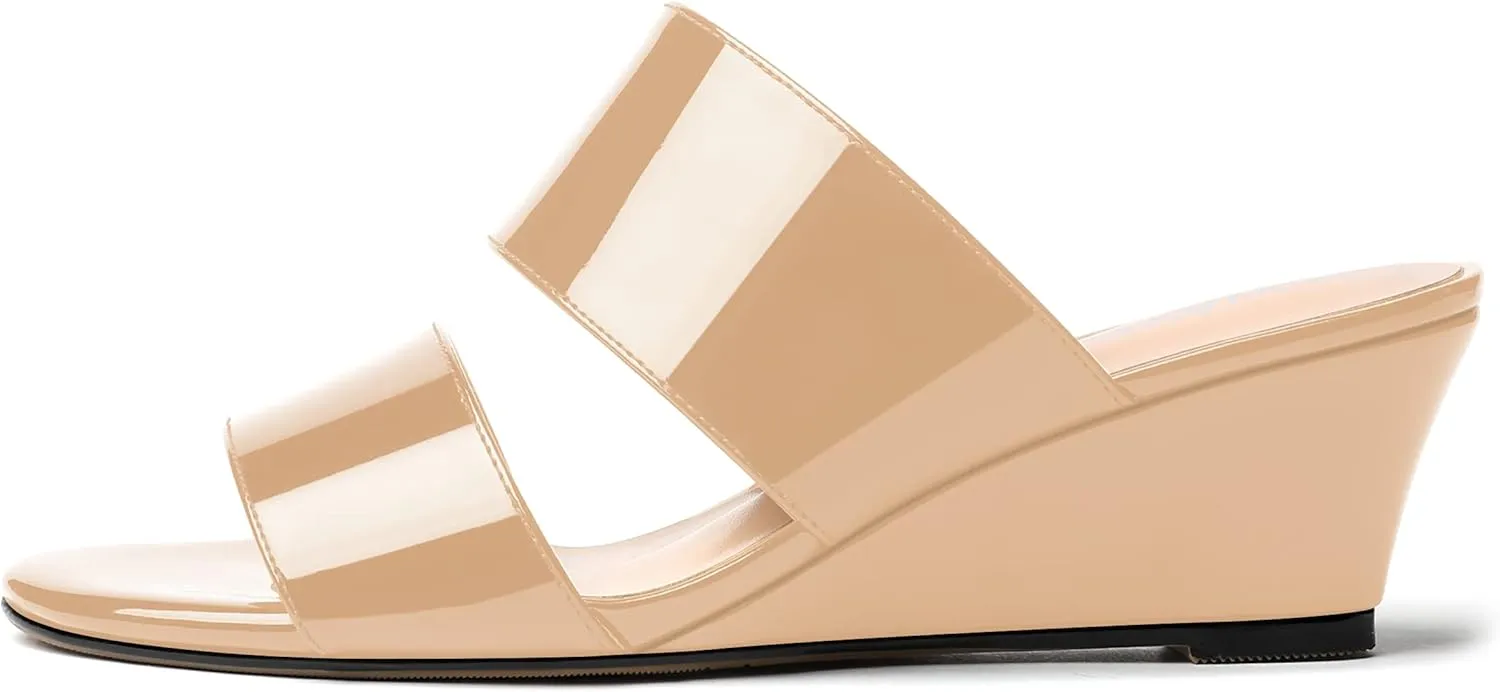 WAYDERNS Women's Two Piece Patent Open Toe Slip On Wedge Low Heel Wedges Sandals 2 Inch