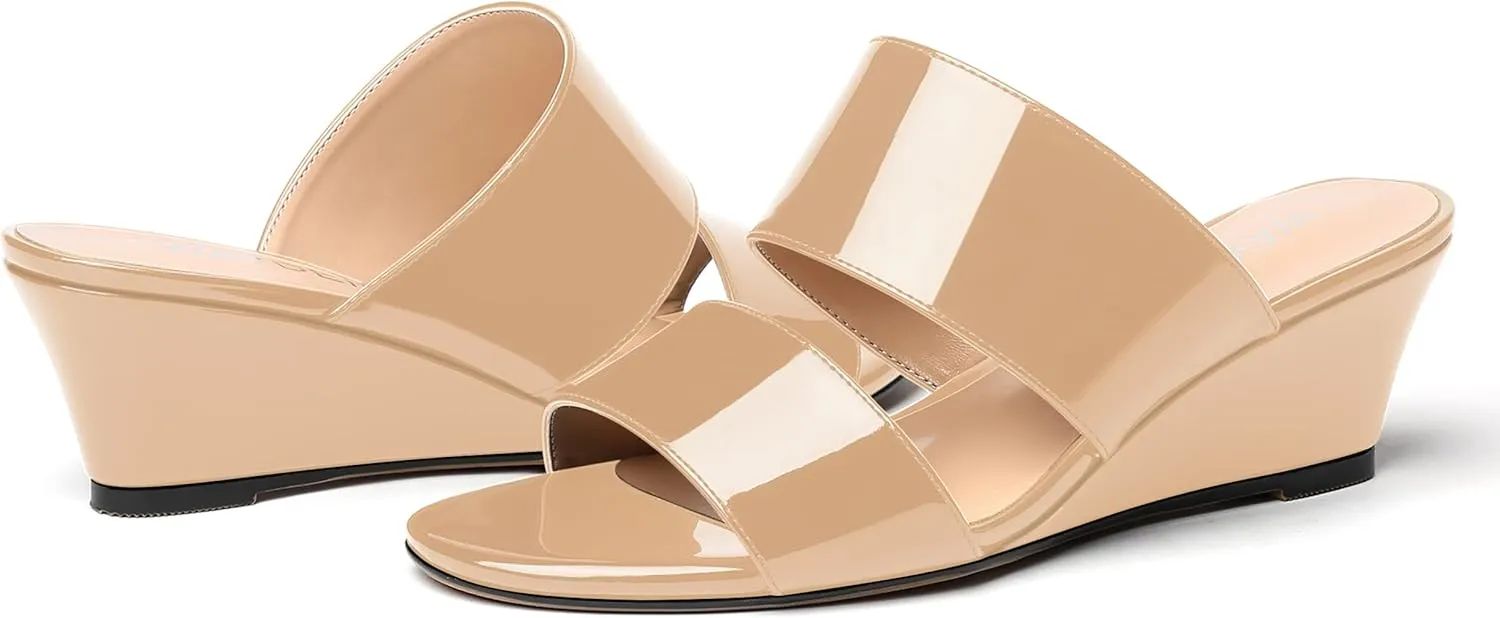 WAYDERNS Women's Two Piece Patent Open Toe Slip On Wedge Low Heel Wedges Sandals 2 Inch