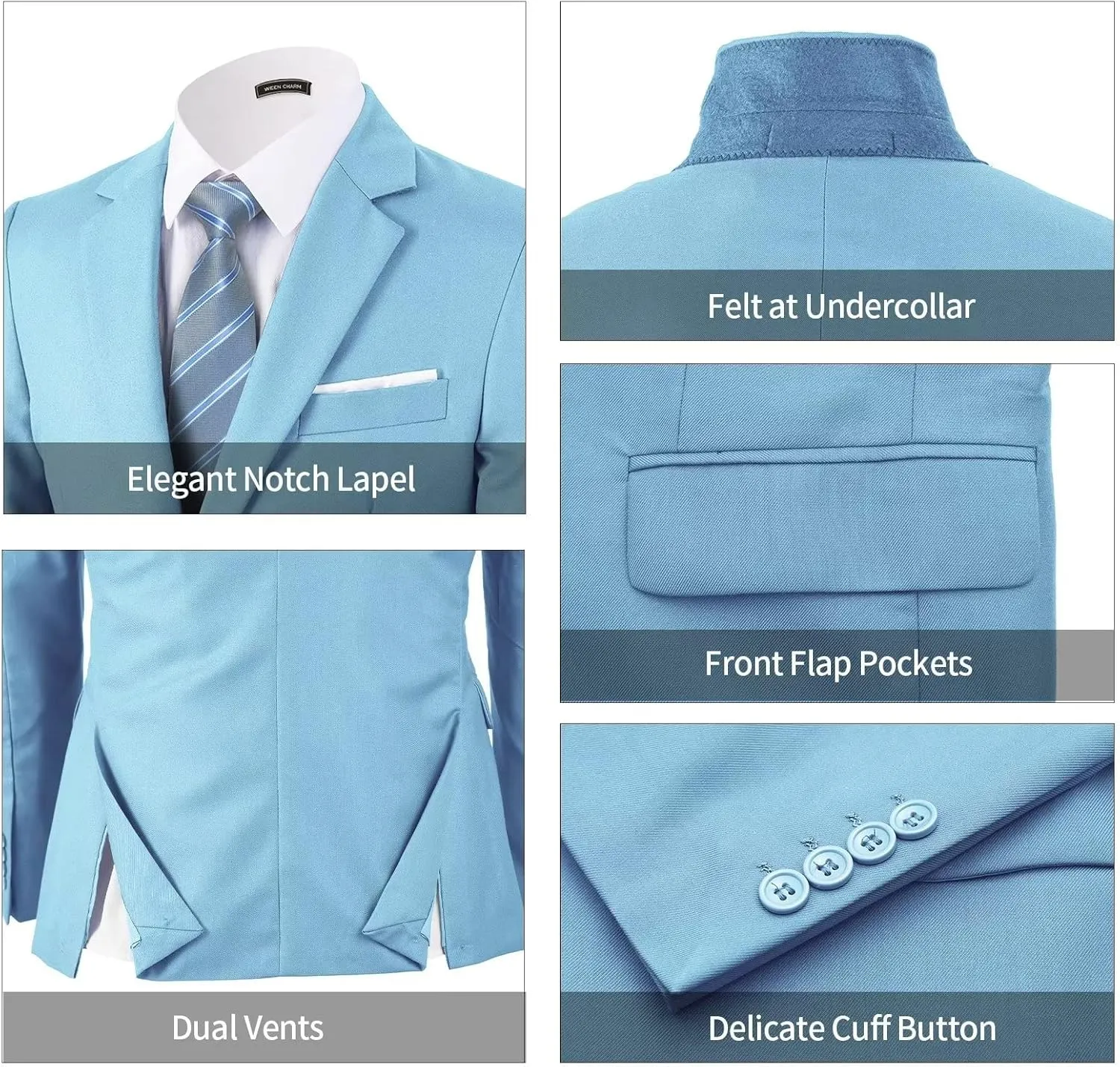 WEEN CHARM Men's 3-Piece Slim Fit Suit Set-2-Button Blazer,Vest & Pants-Formal Wedding,Prom,Party & Business Tuxedo