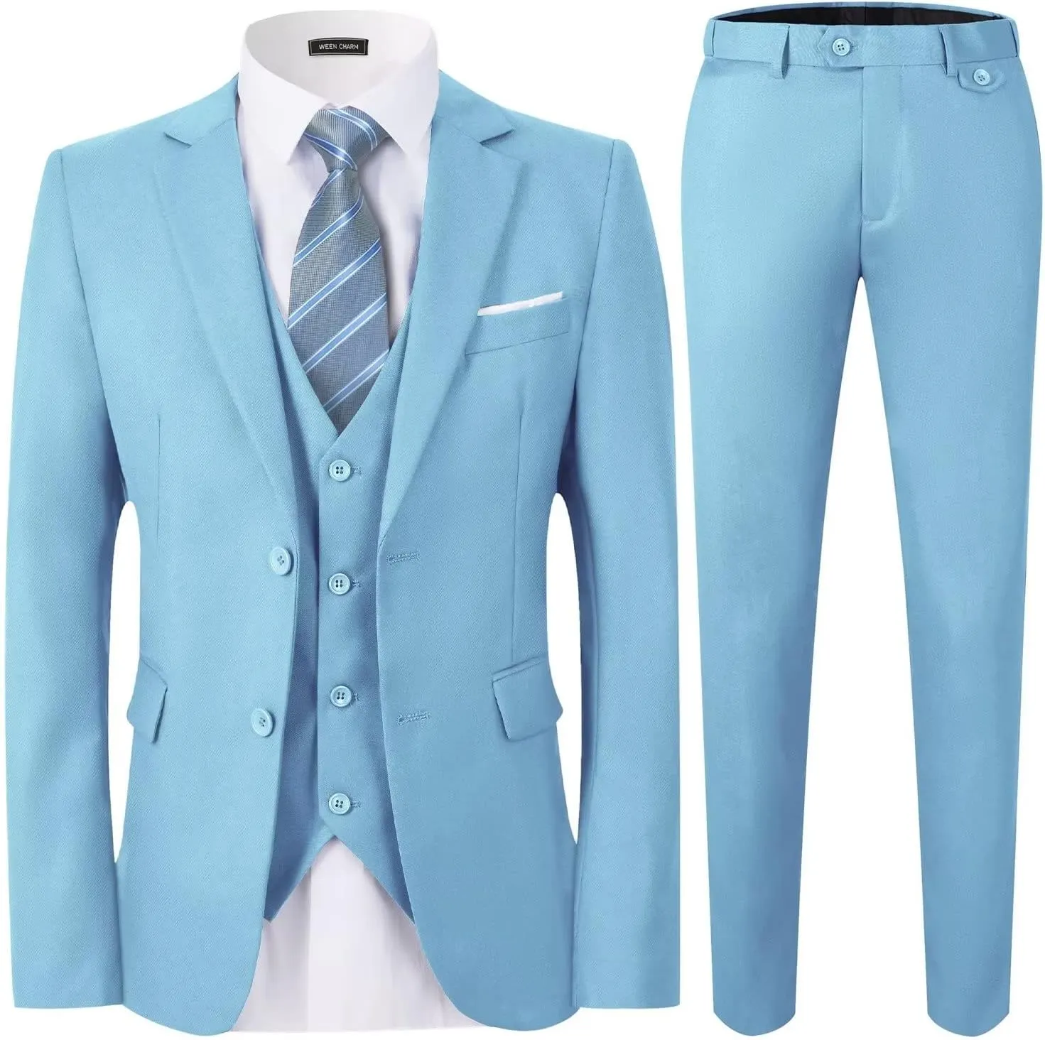 WEEN CHARM Men's 3-Piece Slim Fit Suit Set-2-Button Blazer,Vest & Pants-Formal Wedding,Prom,Party & Business Tuxedo