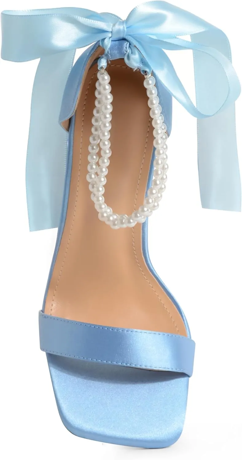 White Block High Heels for Women - Pearl Square Open Toe Chunky Bow Heels - Wedding Bridal Shoes for Prom Party Dress