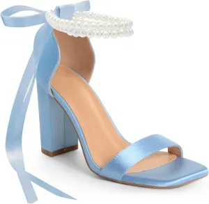 White Block High Heels for Women - Pearl Square Open Toe Chunky Bow Heels - Wedding Bridal Shoes for Prom Party Dress