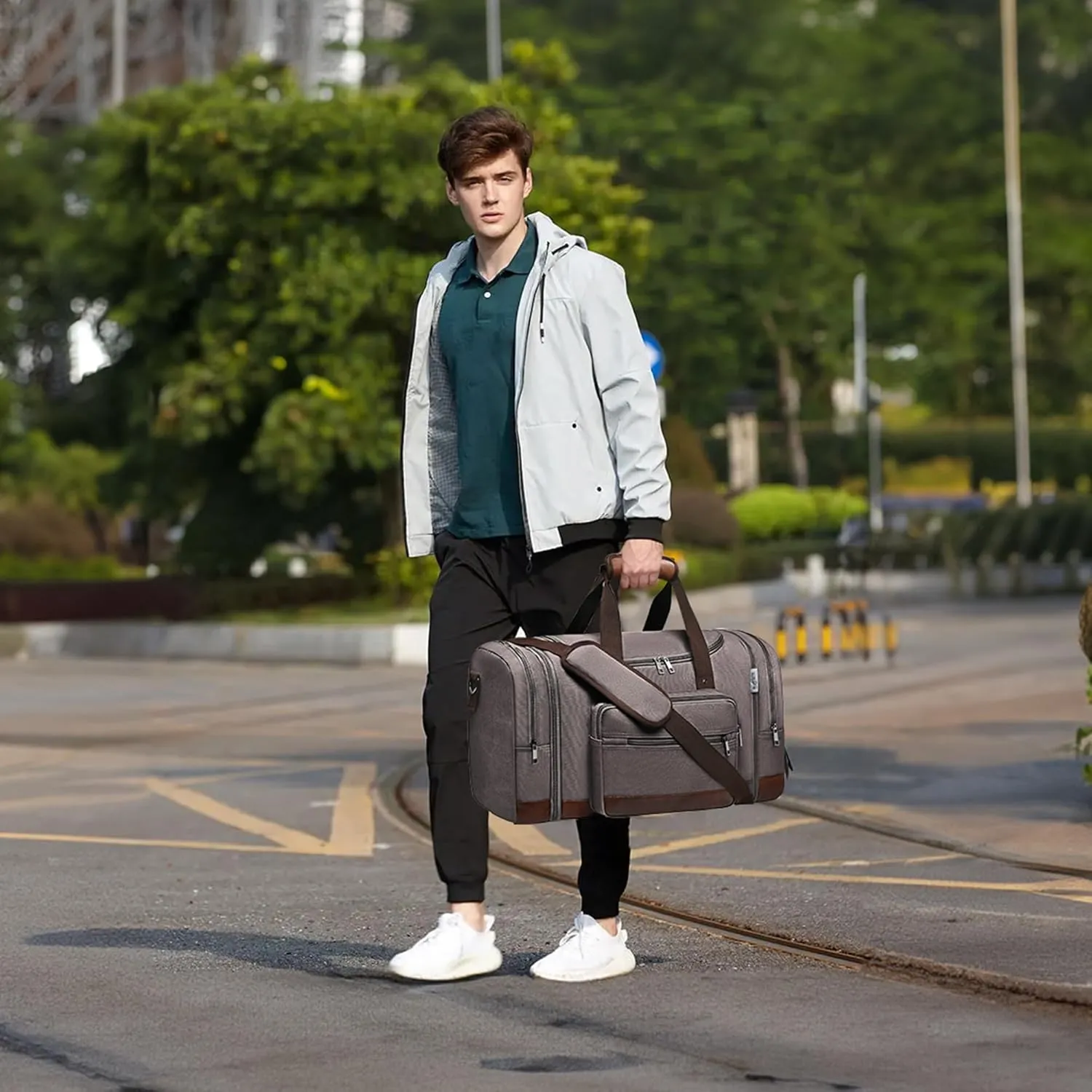 Wolhbege Duffle Bag for Travel,Mens Travel Bag & Carry On Bag for Men with Expandable Design and Luggage Sleeve –Duffel Bag for Gym, Weekender, Overnight Trips Grey