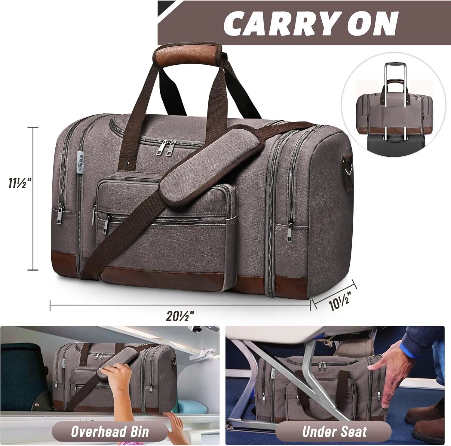 Wolhbege Duffle Bag for Travel,Mens Travel Bag & Carry On Bag for Men with Expandable Design and Luggage Sleeve –Duffel Bag for Gym, Weekender, Overnight Trips Grey