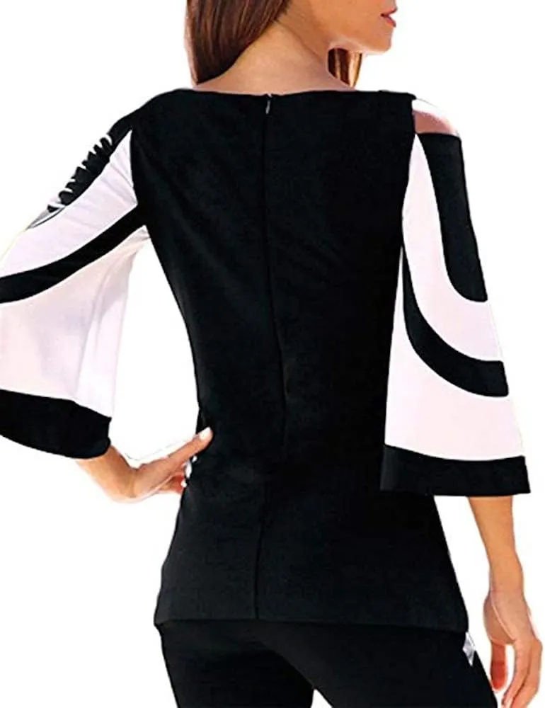 Women Blouses and Tops Black White Colorblock Bell Sleeve Cold Shoulder Top Shirt