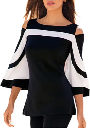 Women Blouses and Tops Black White Colorblock Bell Sleeve Cold Shoulder Top Shirt