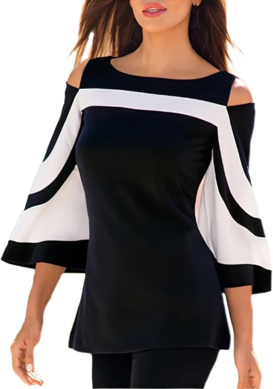 Women Blouses and Tops Black White Colorblock Bell Sleeve Cold Shoulder Top Shirt