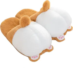 Women Fuzzy Corgi Slippers Non-Slip Novelty Plush Animal Slippers Warm Comfy Bedroom House Shoes Gift