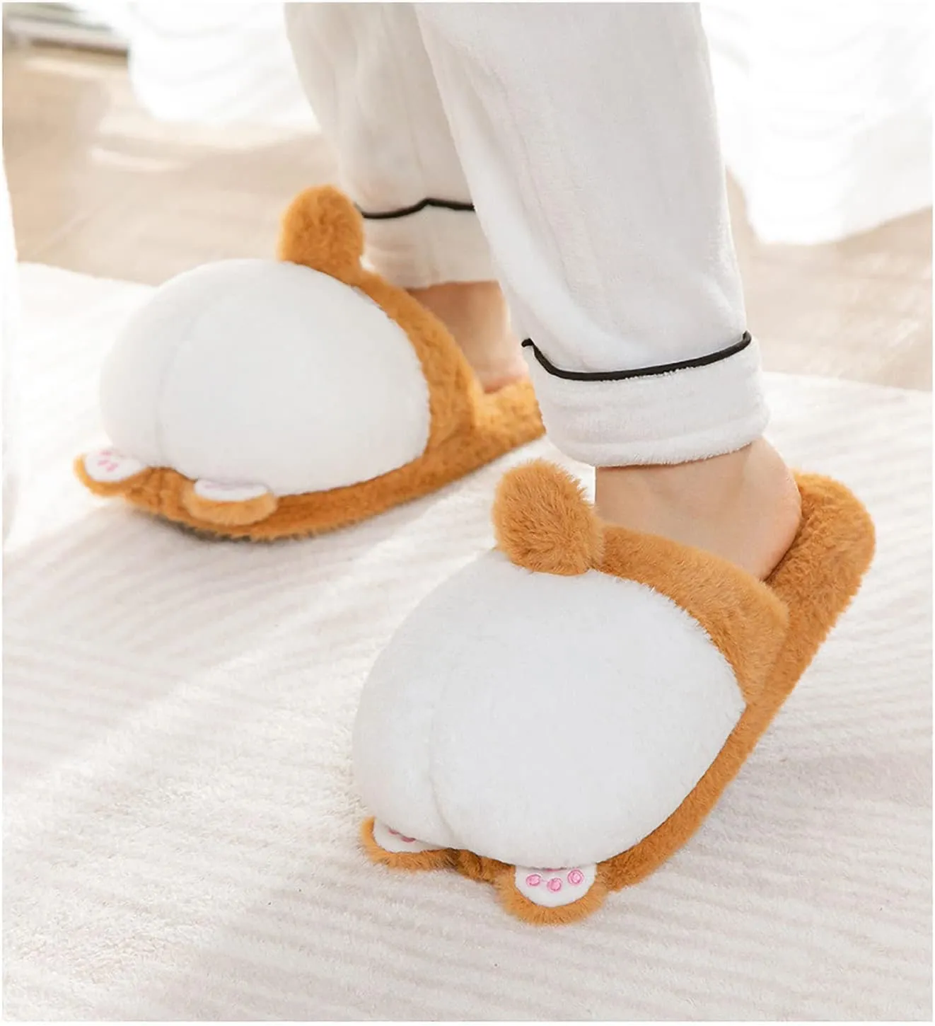 Women Fuzzy Corgi Slippers Non-Slip Novelty Plush Animal Slippers Warm Comfy Bedroom House Shoes Gift