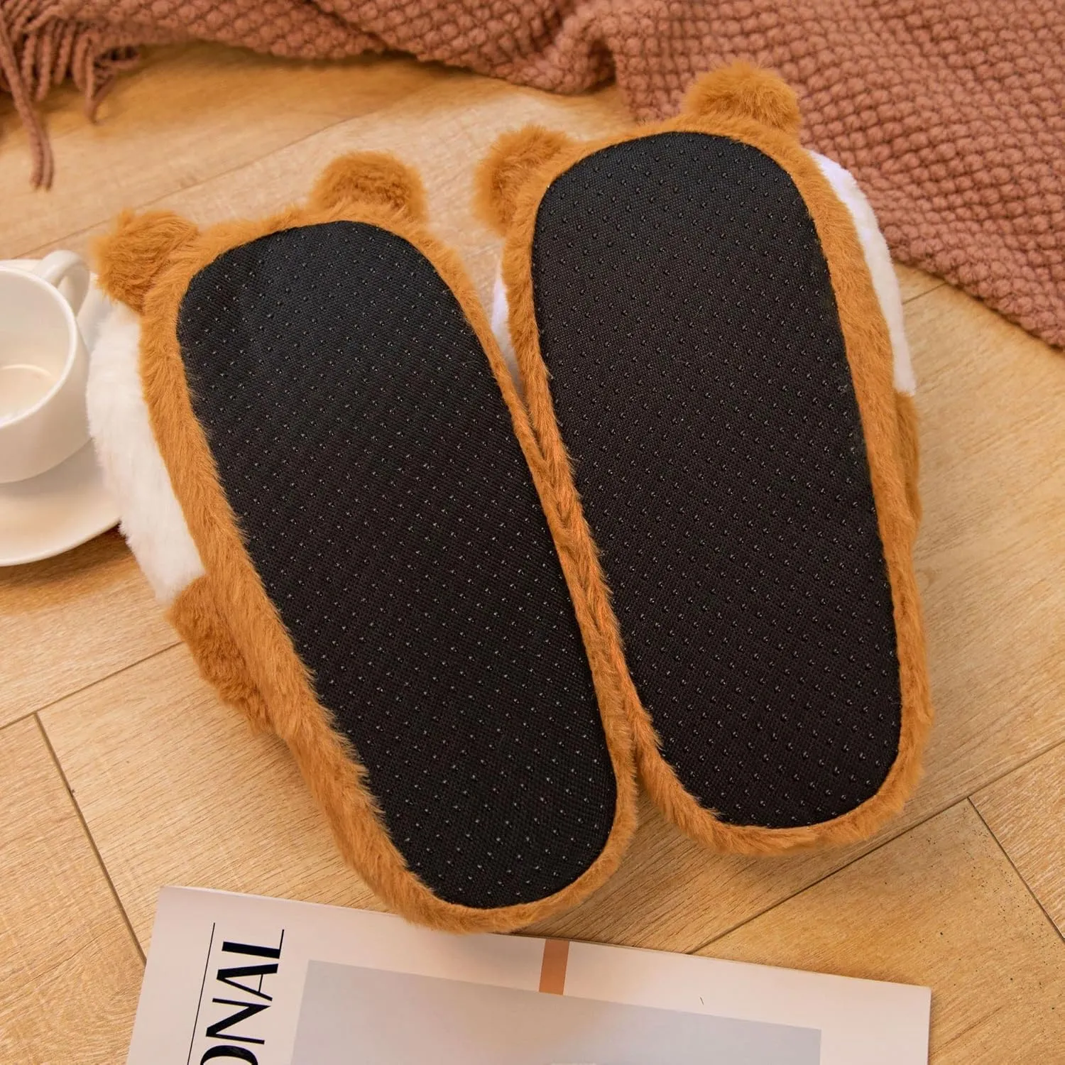 Women Fuzzy Corgi Slippers Non-Slip Novelty Plush Animal Slippers Warm Comfy Bedroom House Shoes Gift