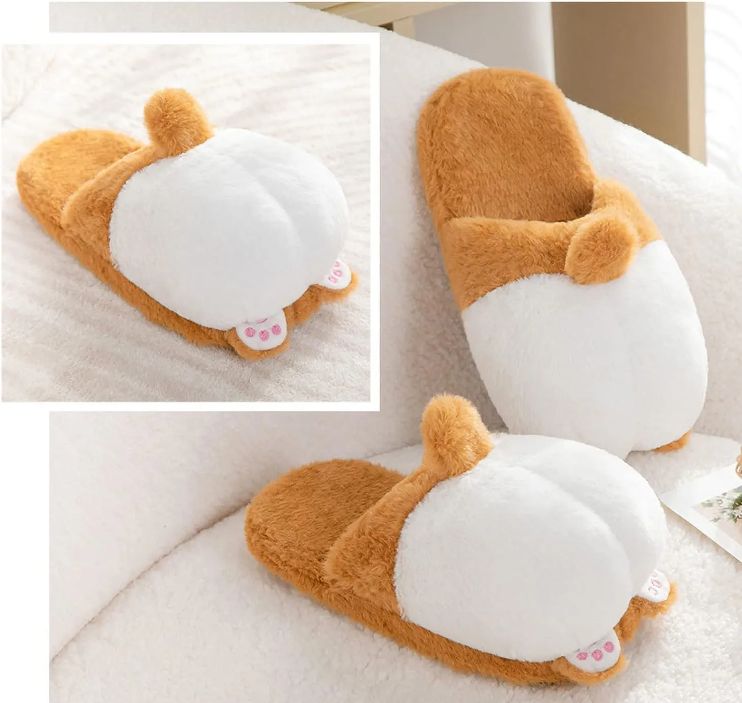 Women Fuzzy Corgi Slippers Non-Slip Novelty Plush Animal Slippers Warm Comfy Bedroom House Shoes Gift