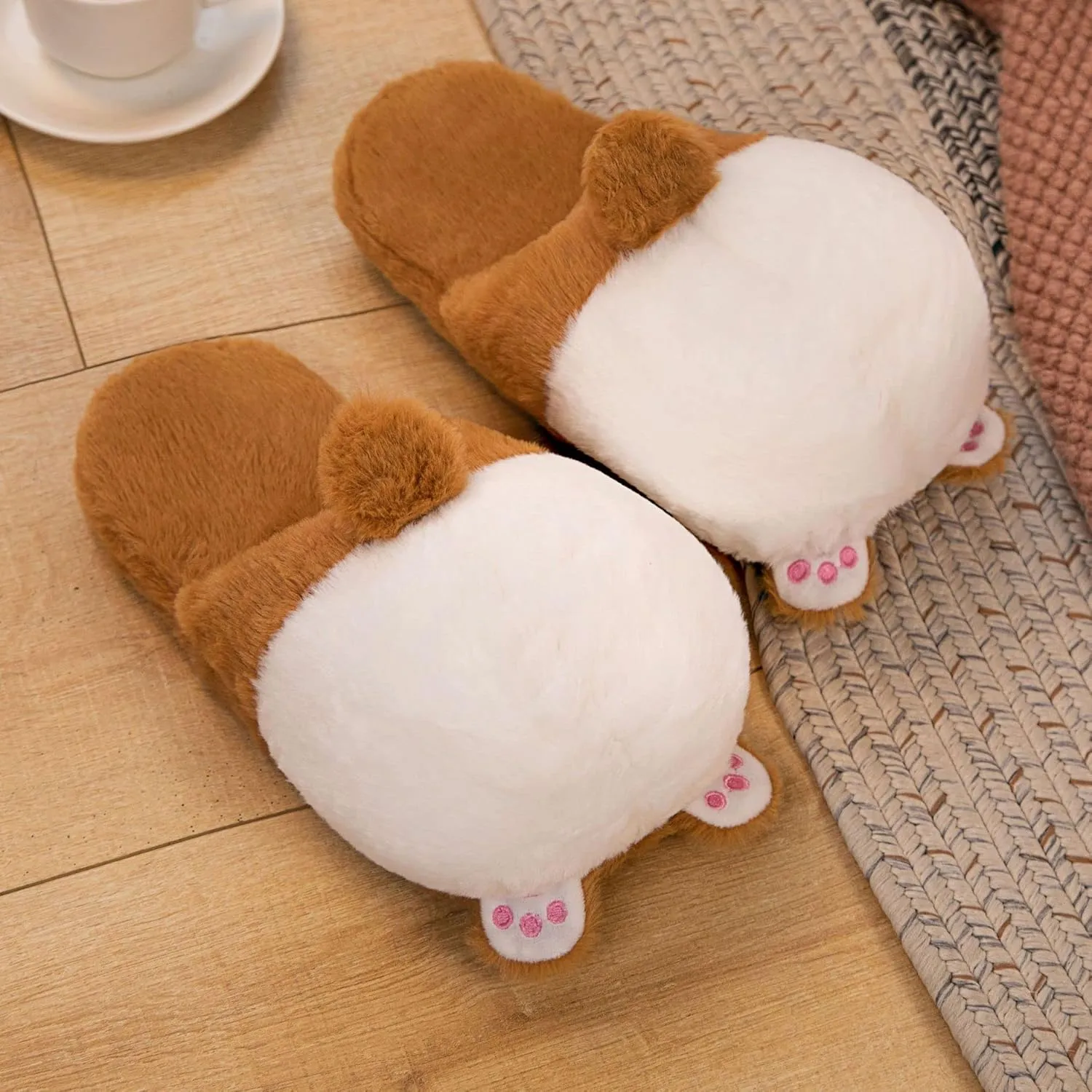 Women Fuzzy Corgi Slippers Non-Slip Novelty Plush Animal Slippers Warm Comfy Bedroom House Shoes Gift