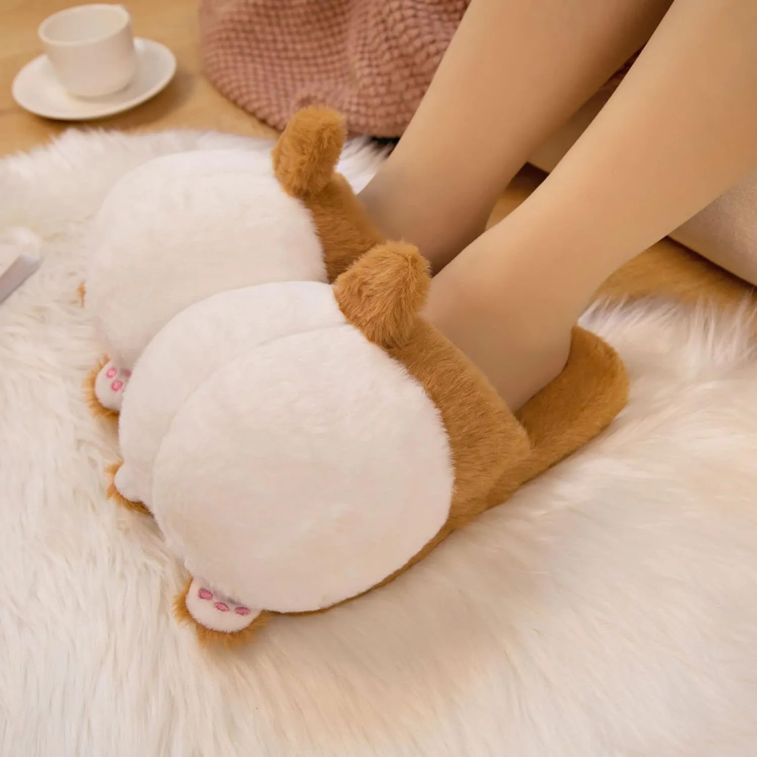 Women Fuzzy Corgi Slippers Non-Slip Novelty Plush Animal Slippers Warm Comfy Bedroom House Shoes Gift