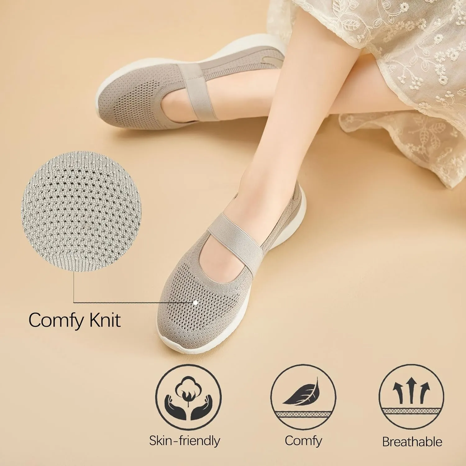 Women Mary Jane Shoes Slip On Walking Flats Comfortable Dressy Knit Washable Casual Nurse Shoe with Arch Support