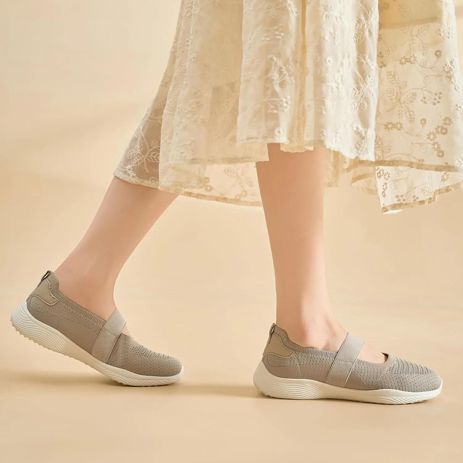 Women Mary Jane Shoes Slip On Walking Flats Comfortable Dressy Knit Washable Casual Nurse Shoe with Arch Support