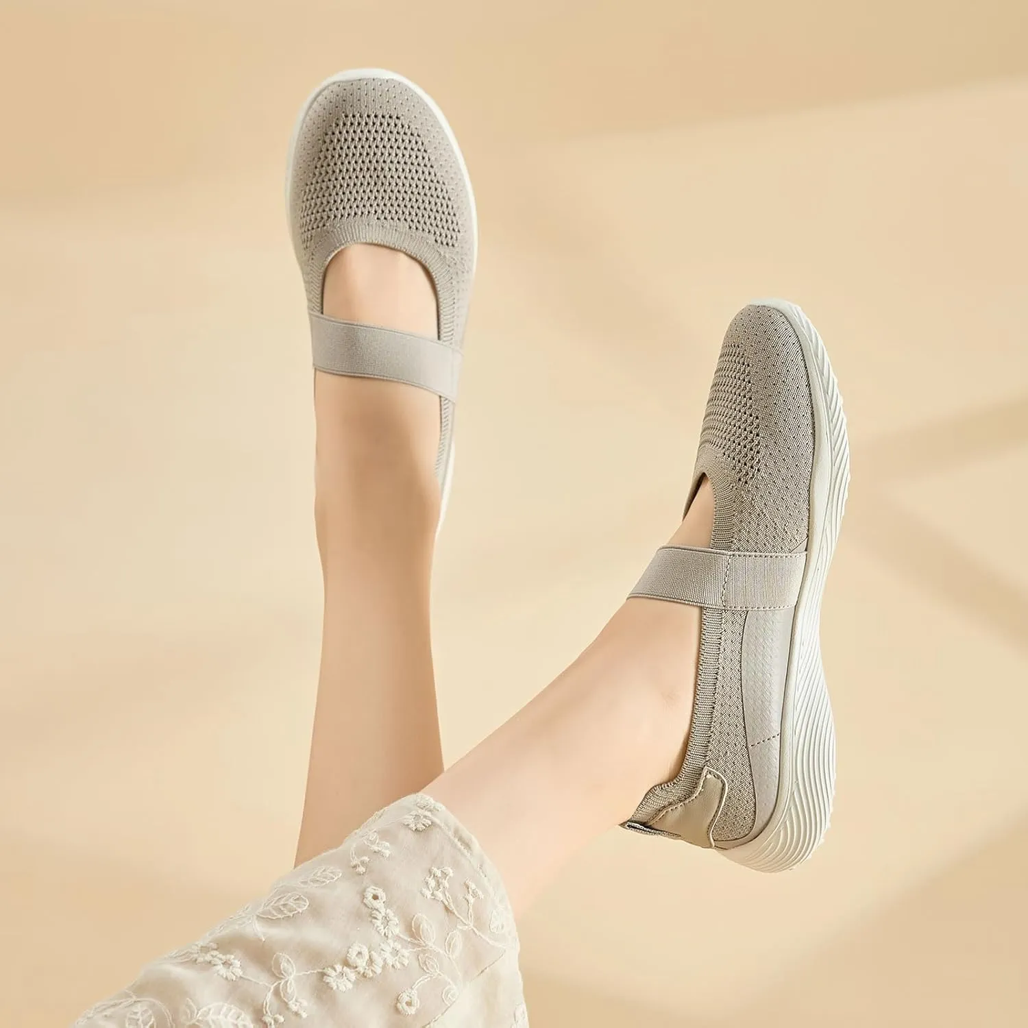 Women Mary Jane Shoes Slip On Walking Flats Comfortable Dressy Knit Washable Casual Nurse Shoe with Arch Support