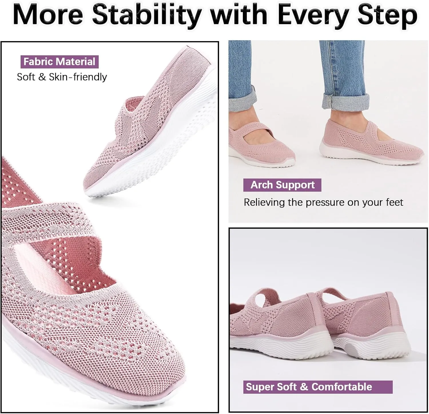 Women Mary Jane Shoes Slip On Walking Flats Comfortable Dressy Knit Washable Casual Nurse Shoe with Arch Support