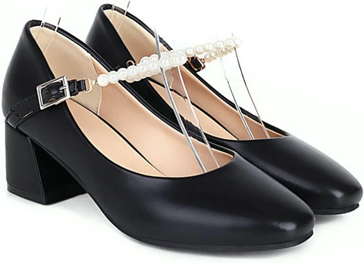 Women Pearl Strap Fashion Pumps Square Toe Slip On Buckle Comfy Chunky Mid Heel Dress Party Shoes