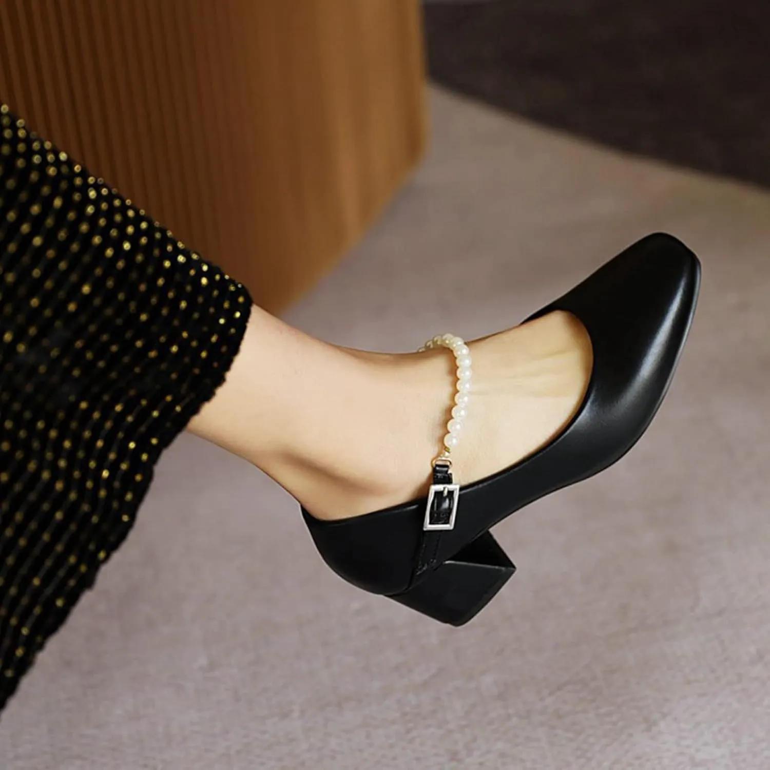 Women Pearl Strap Fashion Pumps Square Toe Slip On Buckle Comfy Chunky Mid Heel Dress Party Shoes