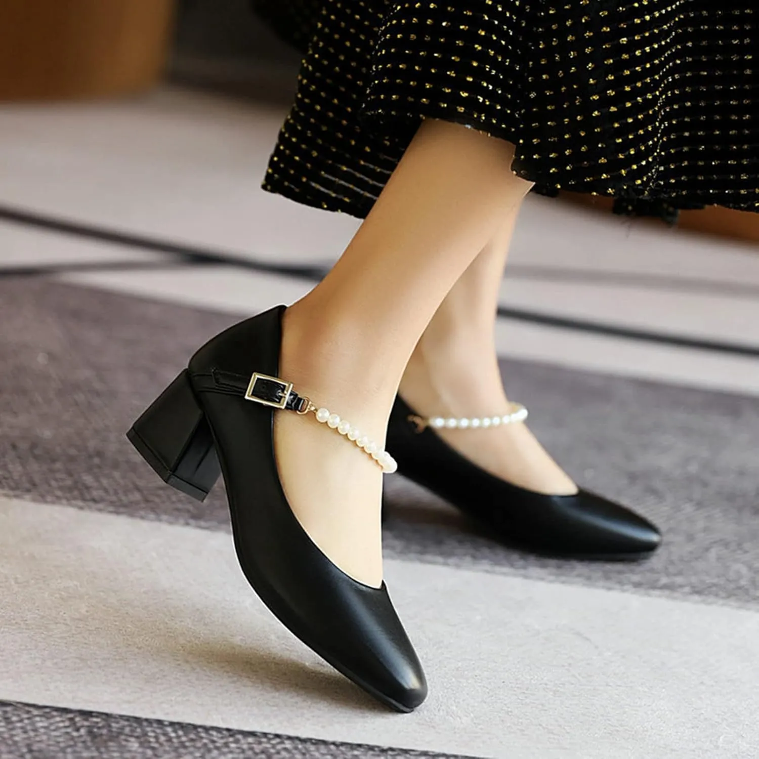 Women Pearl Strap Fashion Pumps Square Toe Slip On Buckle Comfy Chunky Mid Heel Dress Party Shoes