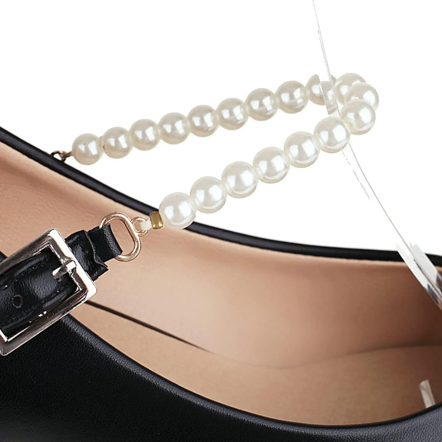 Women Pearl Strap Fashion Pumps Square Toe Slip On Buckle Comfy Chunky Mid Heel Dress Party Shoes