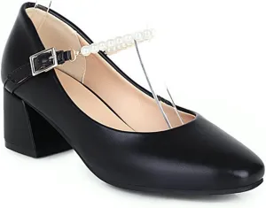 Women Pearl Strap Fashion Pumps Square Toe Slip On Buckle Comfy Chunky Mid Heel Dress Party Shoes