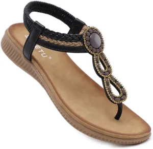 Women Rhinestone Sandals Flip Flop Sandals T-Strap Buckle Bohemian Pearl Crystal Flat Sandals