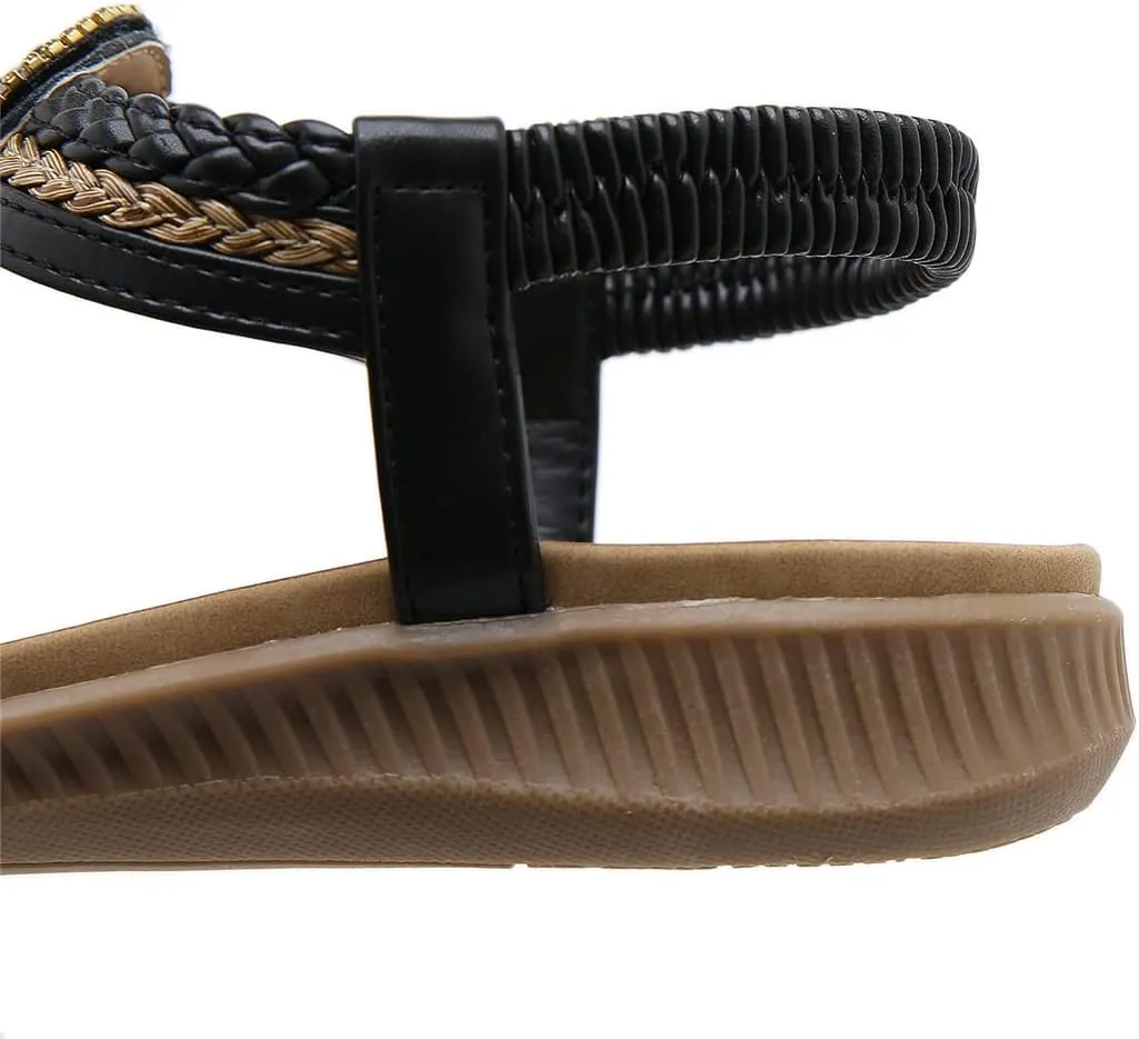Women Rhinestone Sandals Flip Flop Sandals T-Strap Buckle Bohemian Pearl Crystal Flat Sandals