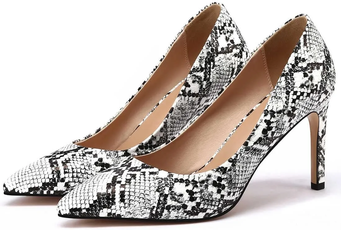 Women Snakeskin Heels, Animal Pirnt Slip On Pointed Toe Pumps, Closed Toe High Stiletto Heel Dress Shoes for Wedding Party Office
