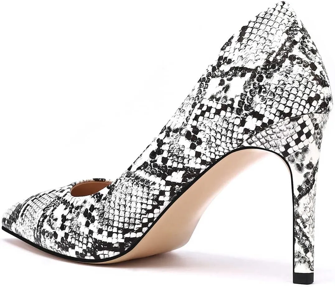Women Snakeskin Heels, Animal Pirnt Slip On Pointed Toe Pumps, Closed Toe High Stiletto Heel Dress Shoes for Wedding Party Office