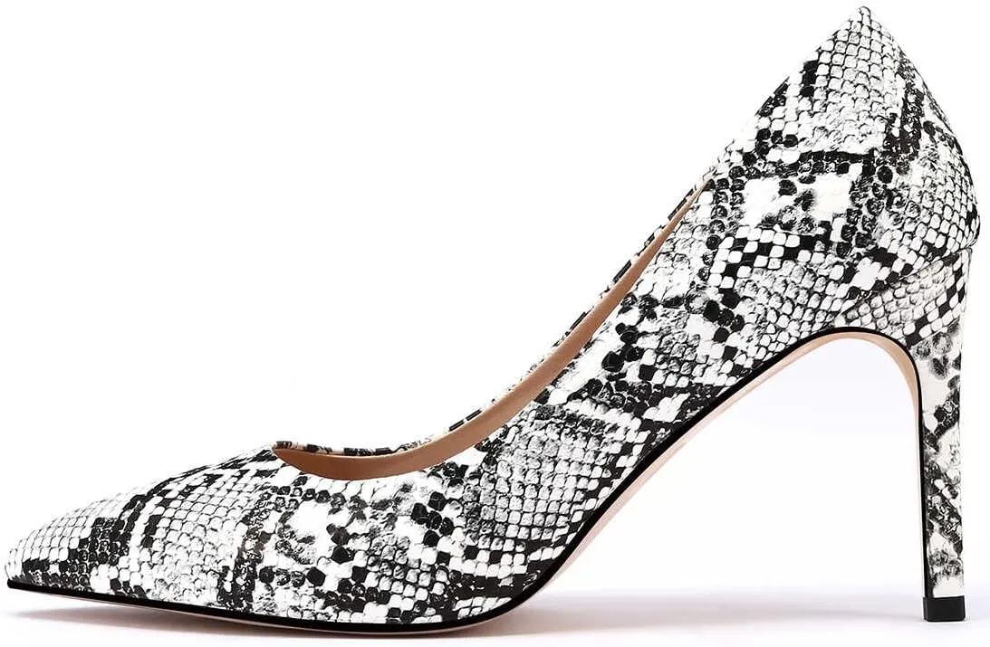 Women Snakeskin Heels, Animal Pirnt Slip On Pointed Toe Pumps, Closed Toe High Stiletto Heel Dress Shoes for Wedding Party Office