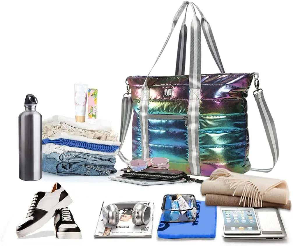Women Tote Bag, Quilted Puffer Work Shoulder Bag with Laptop Compartment Trolley Sleeve, Large Puffy Travel Handbag
