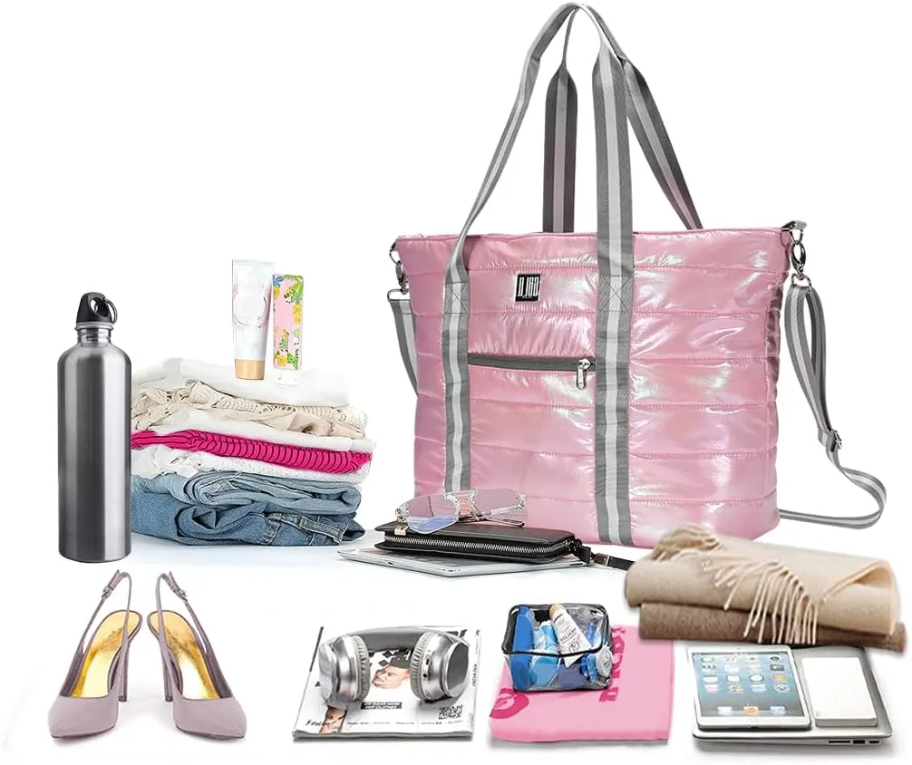 Women Tote Bag, Quilted Puffer Work Shoulder Bag with Laptop Compartment Trolley Sleeve, Large Puffy Travel Handbag